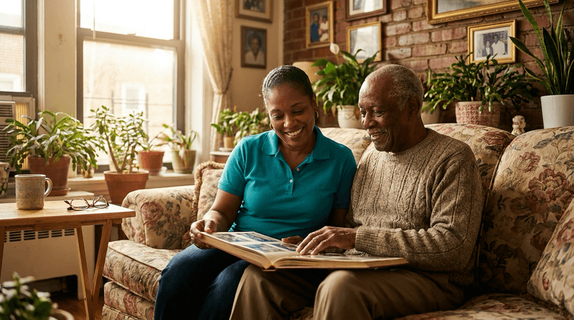 Haitian-American nurse with elderly patient in home setting